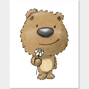 Cute happy brown bear holding french daisy flower Posters and Art